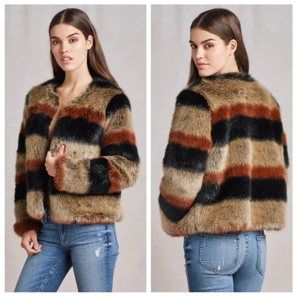 ✨NWT Revolve Tularosa Multi 70s Stripe Harkin Faux Fur Vegan Jacket Coat Large - Picture 12 of 12